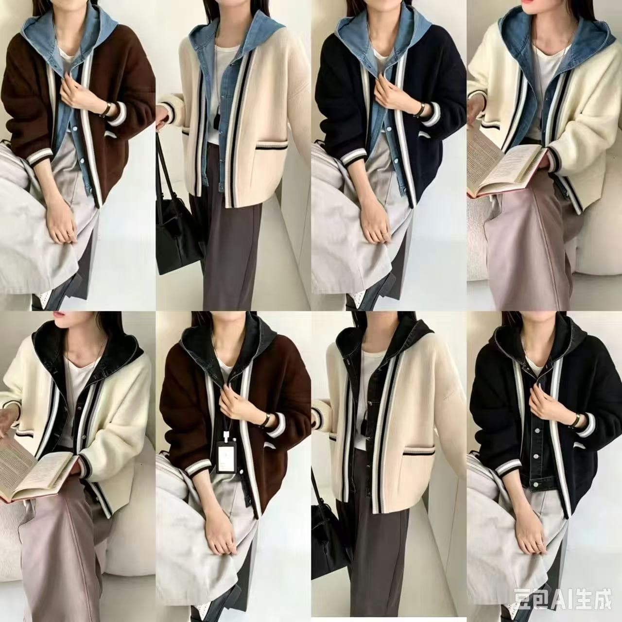 섹션 다용도 학원 피닉스 후드 패치워크 데님 대 여성 세트 쇼트 스타일 아니요 백작 센스 페이크 레이어드 니트 스웨터 맨위 상세 이미지 1