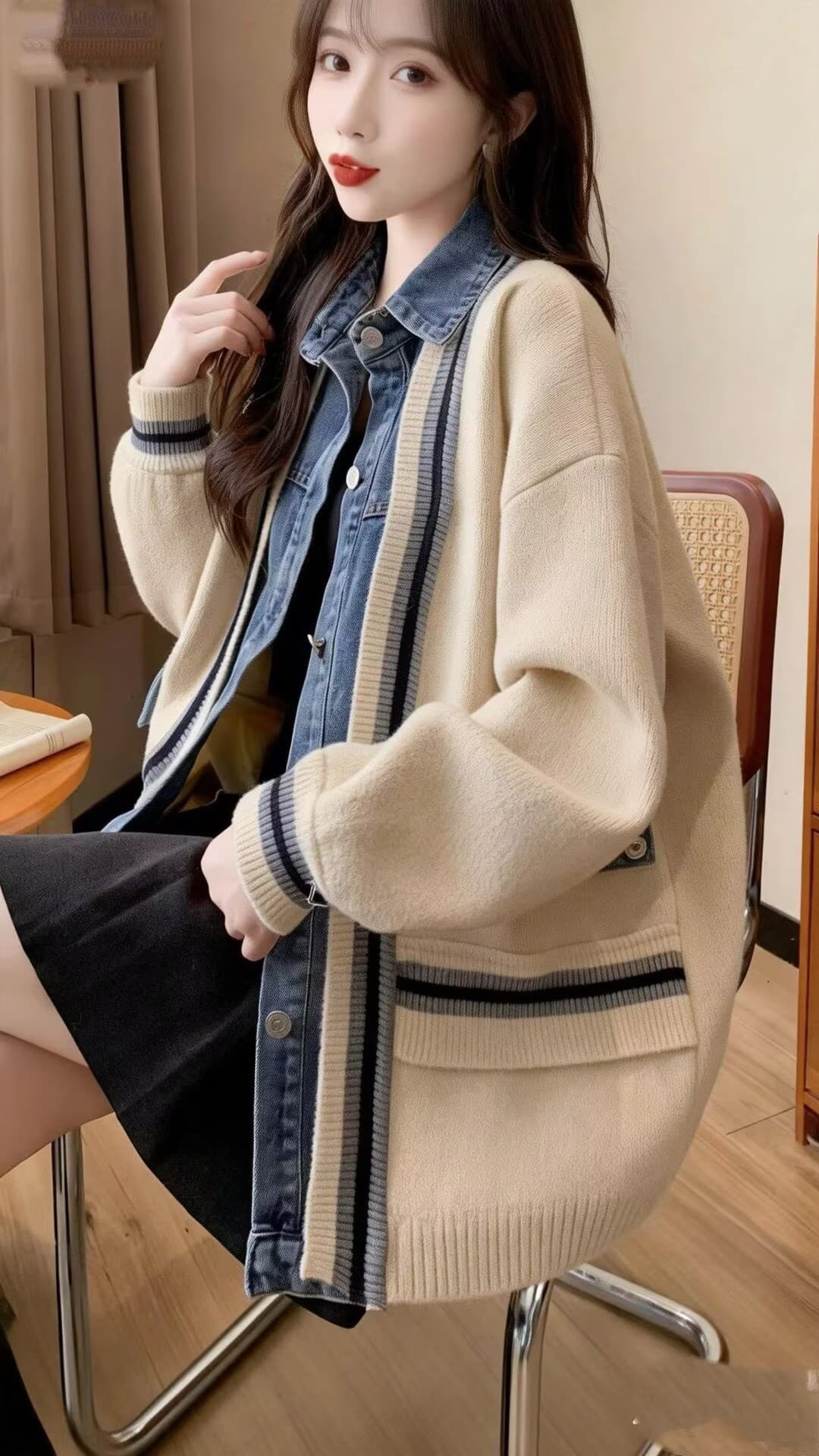 2026 가을 겨울 새로운 데님 패치워크 니트 오픈 가디건 여자 중간 롱 코트 느긋한 바람 루즈핏 스웨터 코트 상세 이미지 6
