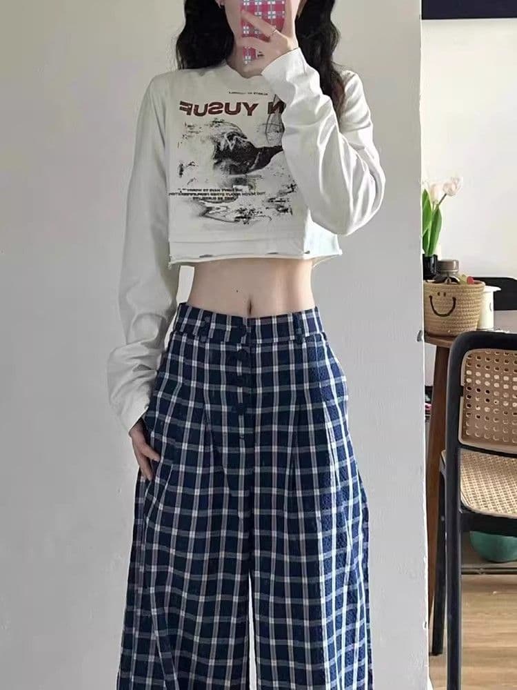 경관 그림 원본 품질 같은 단락 파란색 체크무늬 바지 여성 레트로 와이드 레그 팬츠 상세 이미지 4