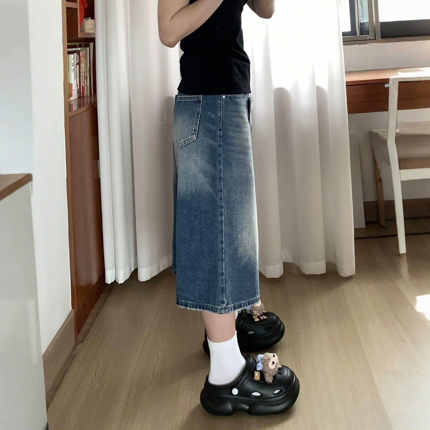 레트로 넓은 다리 데님 7부 바지 여성 여름 새로운 빅 사이즈 지방 mm 루즈핏 슬림해 보이는 배 종류 몸 스트레이트 바지 이미지 2