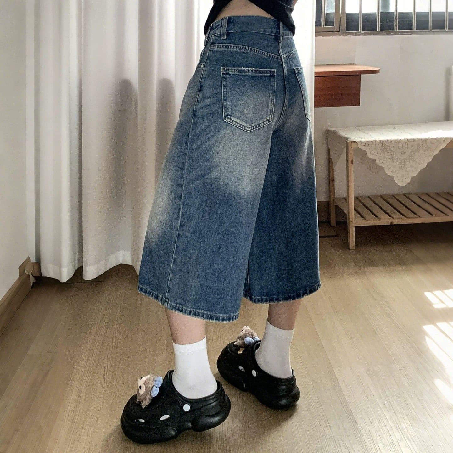 레트로 넓은 다리 데님 7부 바지 여성 여름 새로운 빅 사이즈 지방 mm 루즈핏 슬림해 보이는 배 종류 몸 스트레이트 바지 이미지 3
