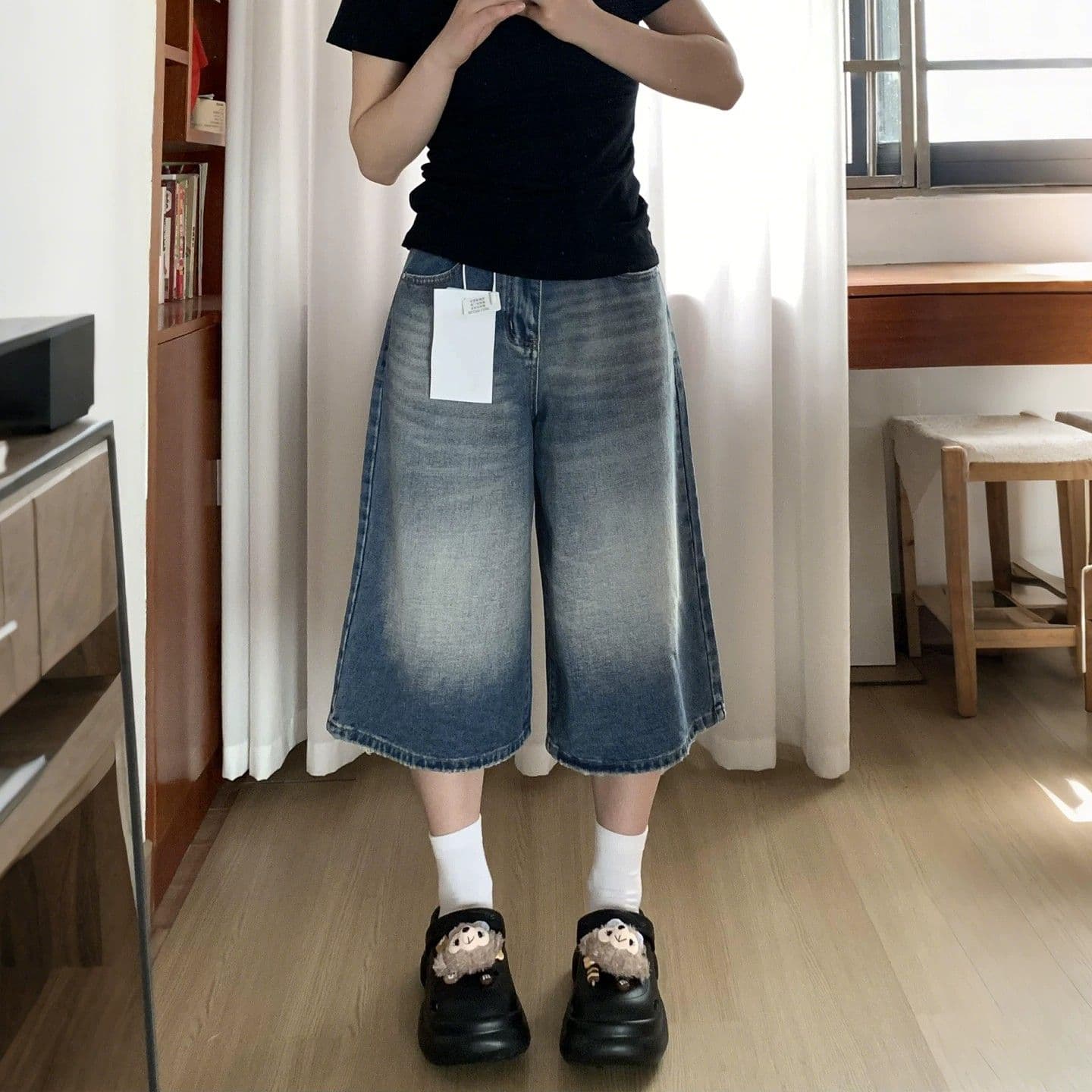 레트로 넓은 다리 데님 7부 바지 여성 여름 새로운 빅 사이즈 지방 mm 루즈핏 슬림해 보이는 배 종류 몸 스트레이트 바지