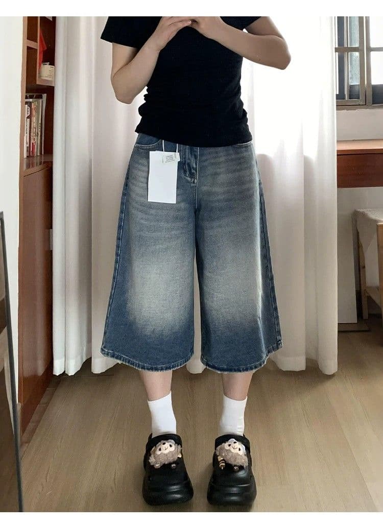 레트로 넓은 다리 데님 7부 바지 여성 여름 새로운 빅 사이즈 지방 mm 루즈핏 슬림해 보이는 배 종류 몸 스트레이트 바지 상세 이미지 3