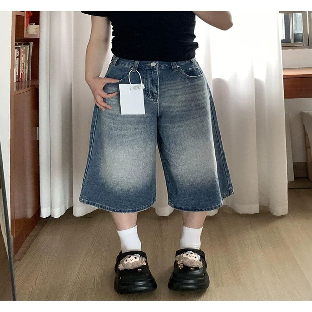 레트로 넓은 다리 데님 7부 바지 여성 여름 새로운 빅 사이즈 지방 mm 루즈핏 슬림해 보이는 배 종류 몸 스트레이트 바지 상세 이미지 6