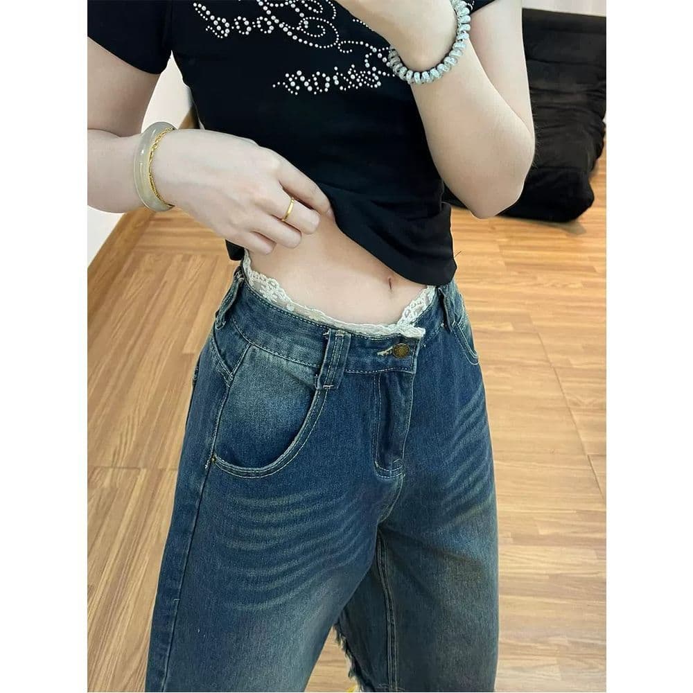 아메리칸 레트로 디자인 센스 레이스 조각 7 점 청바지 여성 스트레이트 루즈핏 몸매 가꾸기 디스플레이 몸 캐주얼 바지 이미지 4