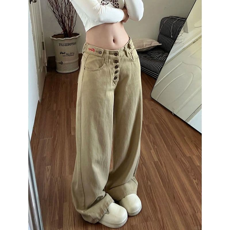 거리 알파벳 단추 스트레이트 청바지 여성 봄 가을 새로운 루즈핏 느긋한 바람 넓은 다리 청바지 어린이 트렌디 이미지 3