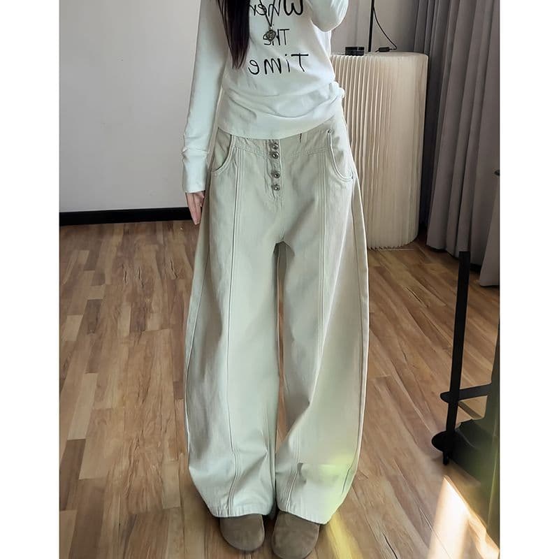 개성 작은 대중 출퇴근 트렌드 넓은 다리 청바지 여성 봄 가을 새로운 패션 슬림해 보이는 루즈핏 스트레이트 청바지 이미지 3