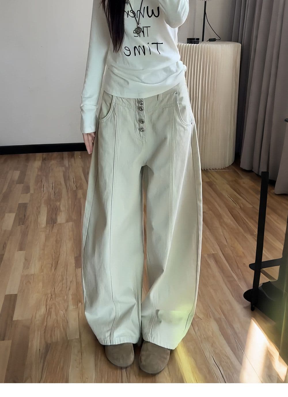 개성 작은 대중 출퇴근 트렌드 넓은 다리 청바지 여성 봄 가을 새로운 패션 슬림해 보이는 루즈핏 스트레이트 청바지 상세 이미지 6