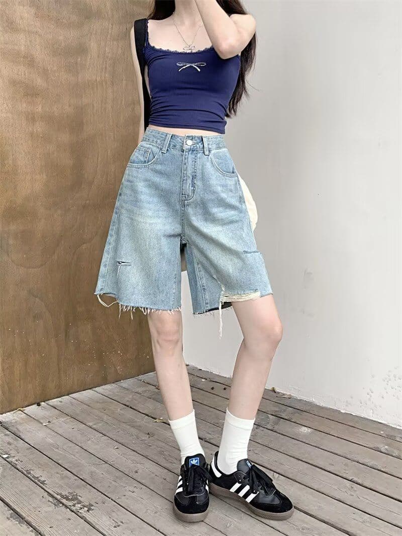 하이웨이스트 5 점 데님 반바지 여성 여름 2026 새로운 루즈핏 스트레이트 작은 키 5 점 바지 상세 이미지 6