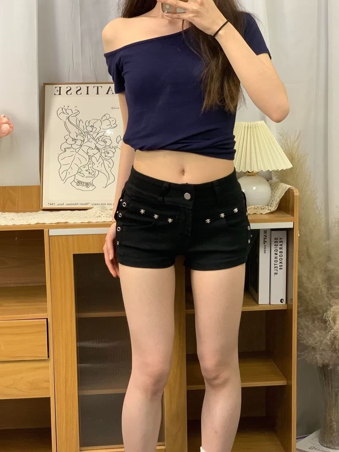 검정색 징 로우 웨이스트 데님 슈퍼 바지 짧은 여성 여름 새로운 아메리칸 핫걸 타이트 y2k 슬림해 보이는 반바지 핫 바지 상세 이미지 6