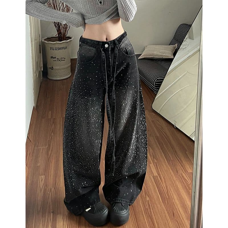 웃음 하 거리 디자인 센스 핫픽스 패치워크 넓은 다리 청바지 아이들 봄 가을 새로운 루즈핏 바닥 청소 청바지 이미지 3