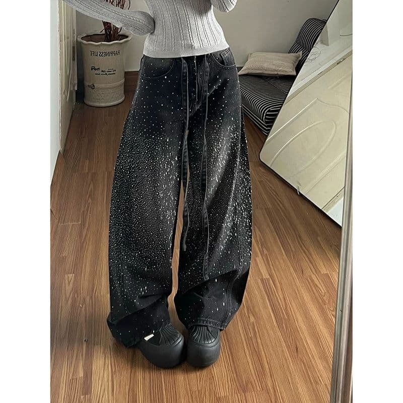 웃음 하 거리 디자인 센스 핫픽스 패치워크 넓은 다리 청바지 아이들 봄 가을 새로운 루즈핏 바닥 청소 청바지 상세 이미지 2