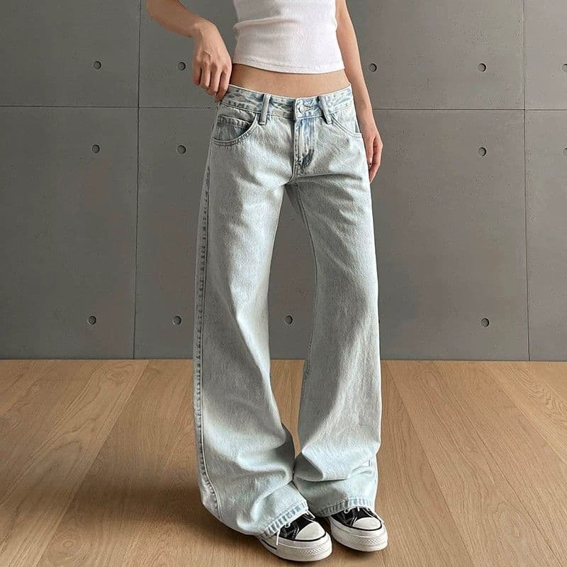 아메리칸 레트로 핫걸 워싱 하늘색 로우 웨이스트 청바지 여성 cleanfit 몸매 가꾸기 슬림해 보이는 와이드 레그 팬츠 어린이 트렌디 이미지 3