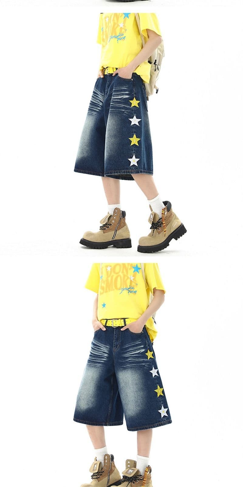 아메리칸 높음 거리 별 자수 데님 반바지 남녀 여름 조수 브랜드 무거운 캐주얼 7부 바지 루즈핏 워싱 바지 상세 이미지 3