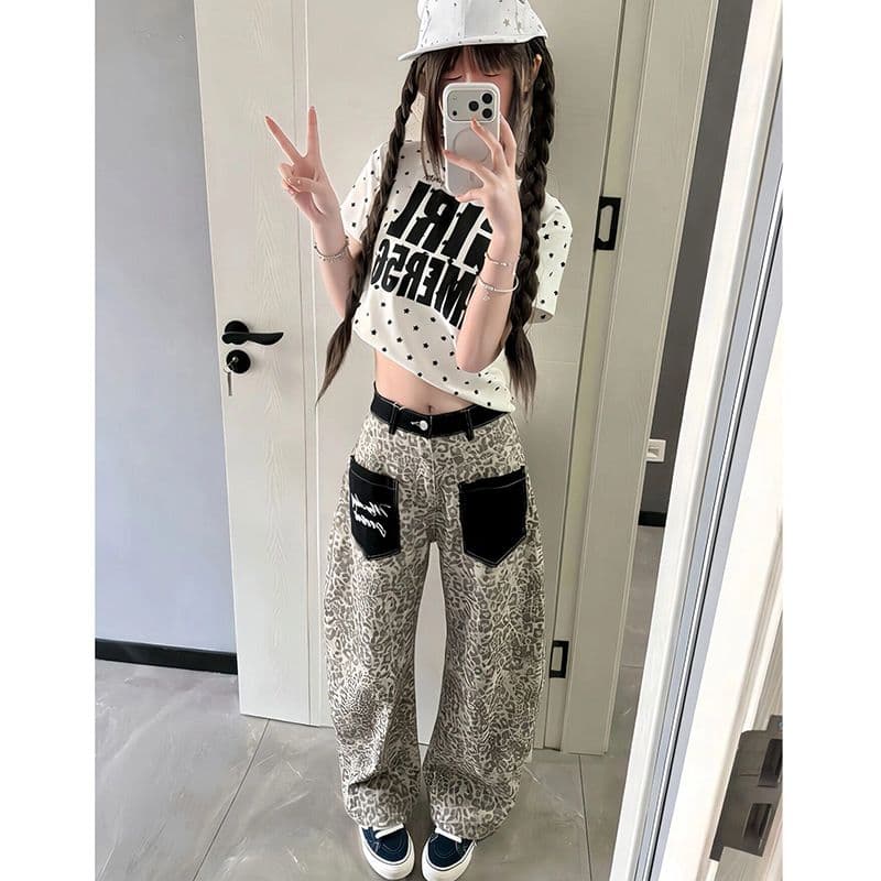 레트로 레오파드 무늬 패치 주머니 스트레이트 청바지 아이들 봄 가을 새로운 루즈핏 넓은 다리 바닥 청소 청바지 트렌디 이미지 5
