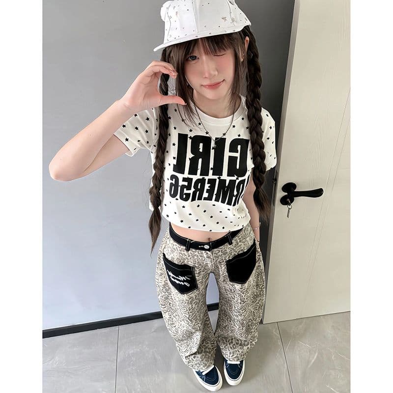 레트로 레오파드 무늬 패치 주머니 스트레이트 청바지 아이들 봄 가을 새로운 루즈핏 넓은 다리 바닥 청소 청바지 트렌디 이미지 3