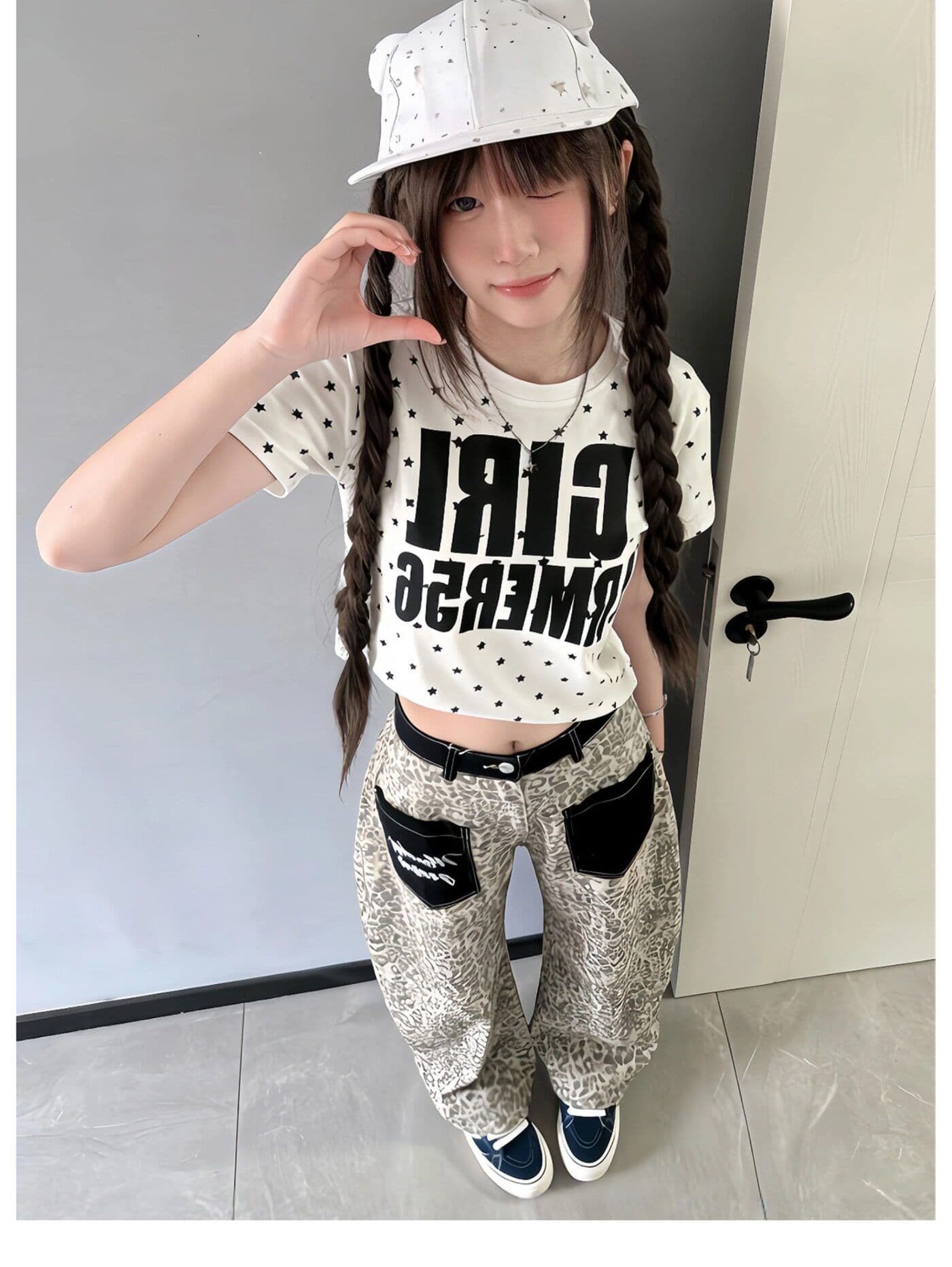 레트로 레오파드 무늬 패치 주머니 스트레이트 청바지 아이들 봄 가을 새로운 루즈핏 넓은 다리 바닥 청소 청바지 트렌디 상세 이미지 11