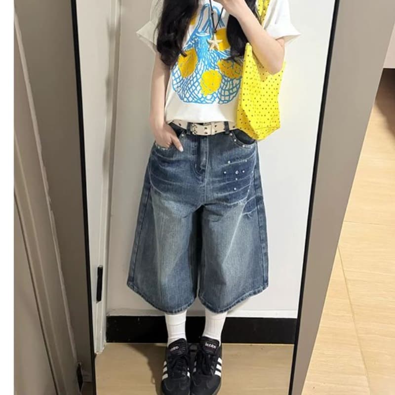 출퇴근 한국 스타일 ins 데님 7부 바지 여성 봄 여름 섹션 워싱 다용도 루즈핏 넓은 다리 청바지 트렌디 이미지 4