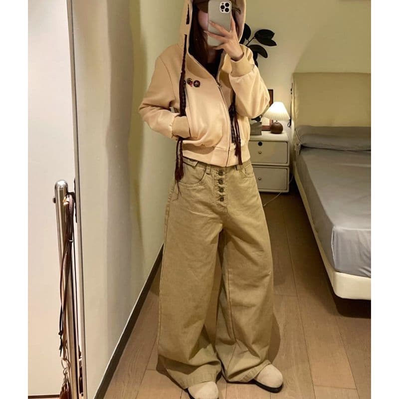 개성 항구 바람 거리 알파벳 단추 워싱 스트레이트 청바지 여성 루즈핏 느긋한 바람 넓은 다리 청바지 어린이 트렌디 이미지 3