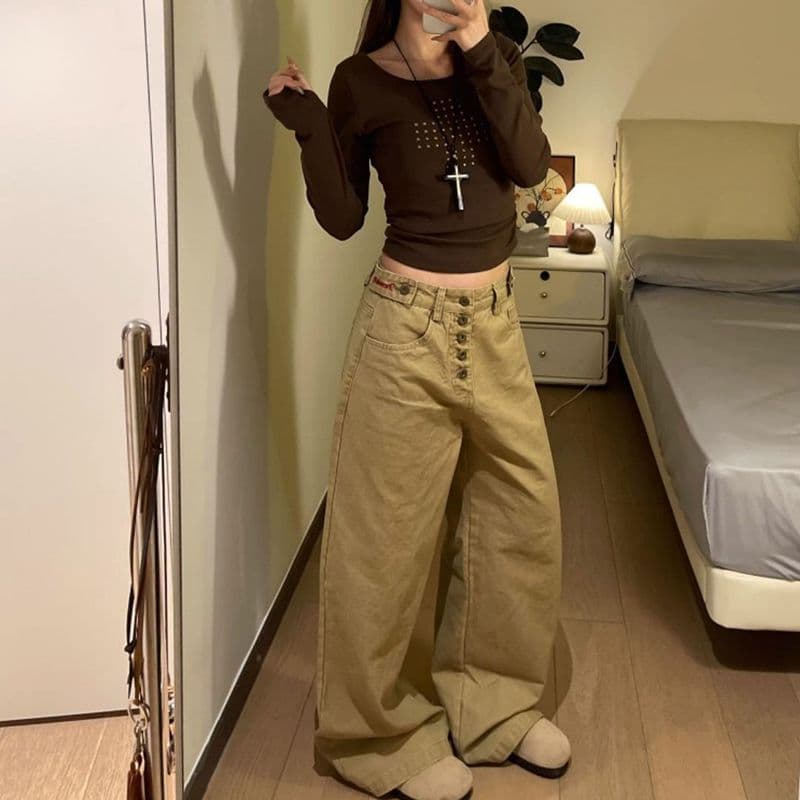 개성 항구 바람 거리 알파벳 단추 워싱 스트레이트 청바지 여성 루즈핏 느긋한 바람 넓은 다리 청바지 어린이 트렌디