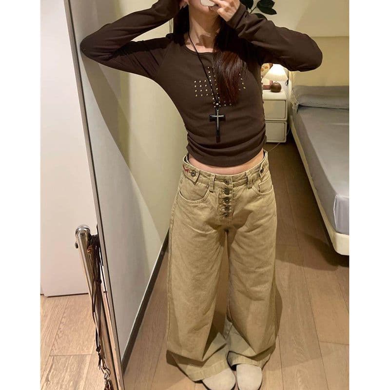 개성 항구 바람 거리 알파벳 단추 워싱 스트레이트 청바지 여성 루즈핏 느긋한 바람 넓은 다리 청바지 어린이 트렌디 이미지 4