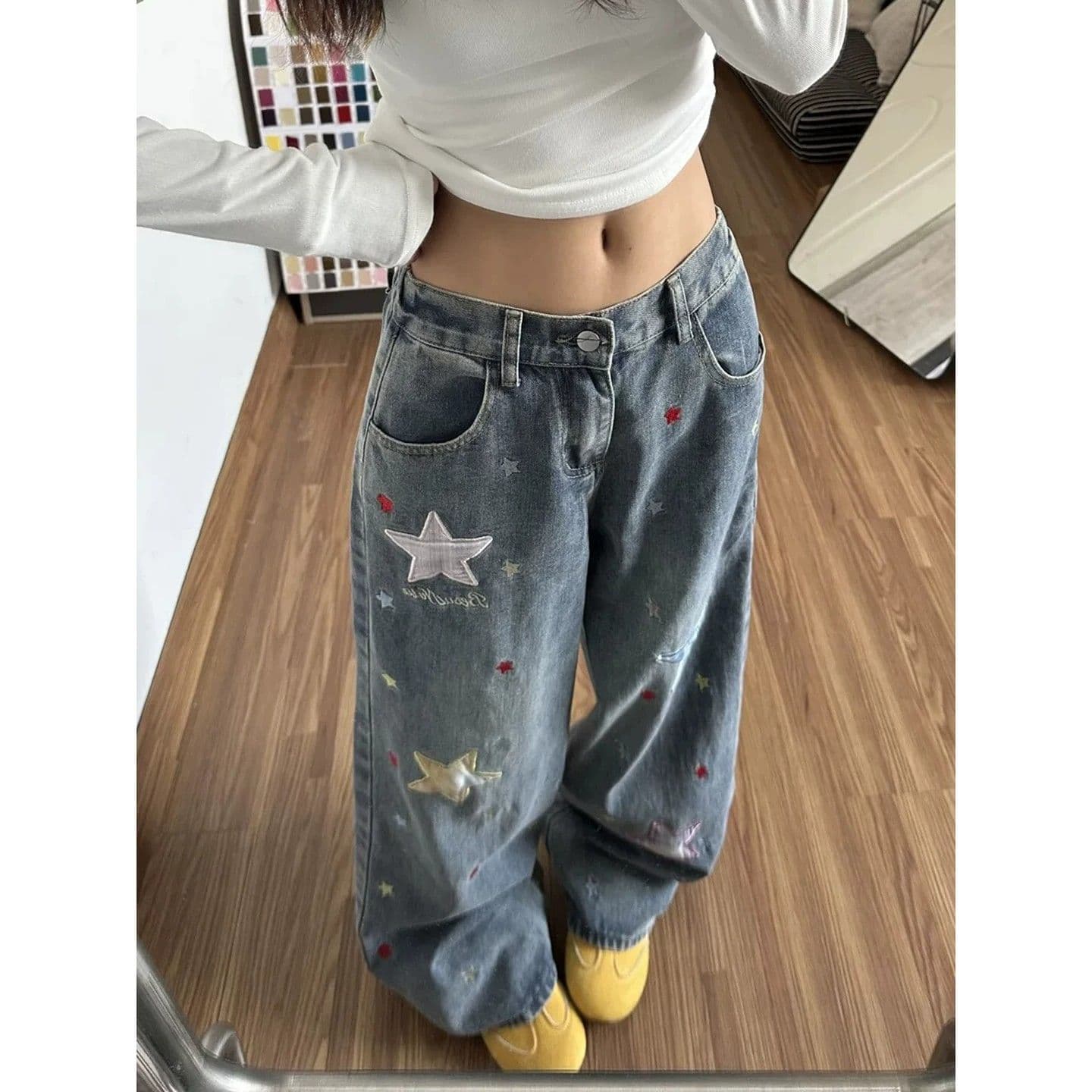 레트로 마 오래된 별 패치 청바지 남녀 아메리칸 루즈핏 다용도 캐주얼 바지 스트레이트 슬림해 보이는 와이드 레그 팬츠 어린이 이미지 2