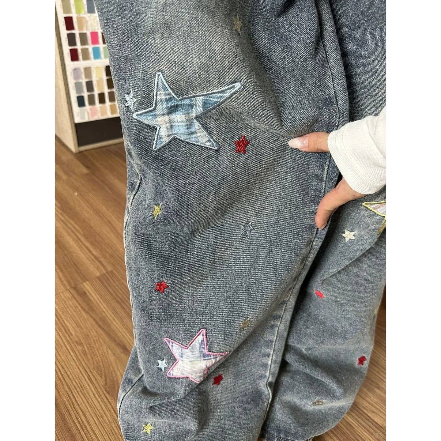 레트로 마 오래된 별 패치 청바지 남녀 아메리칸 루즈핏 다용도 캐주얼 바지 스트레이트 슬림해 보이는 와이드 레그 팬츠 어린이 상세 이미지 5