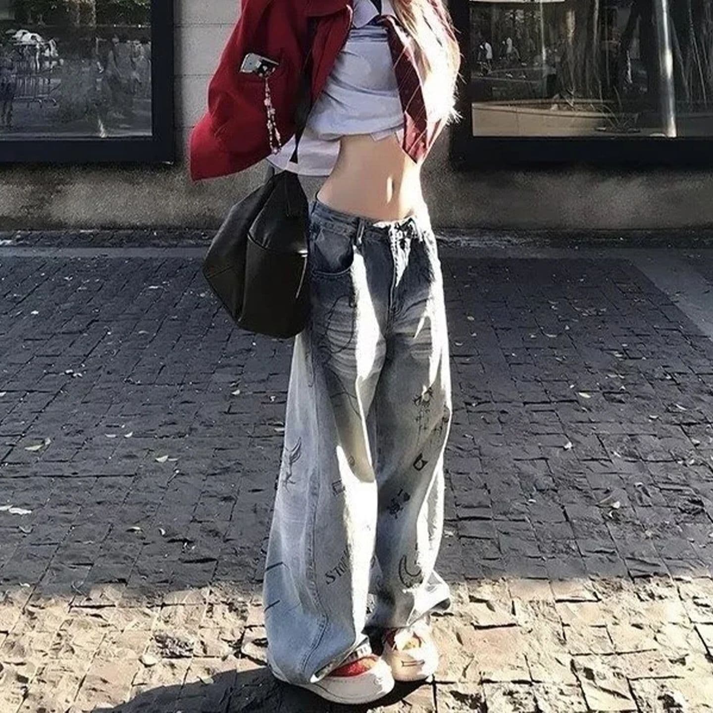 워싱 하늘색 수채화 낙서 모통이 칼 청바지 디자인 센스 프로필 모양 주름 고양이 반드시 아메리칸 넓은 다리 바닥 청소 바지 이미지 3