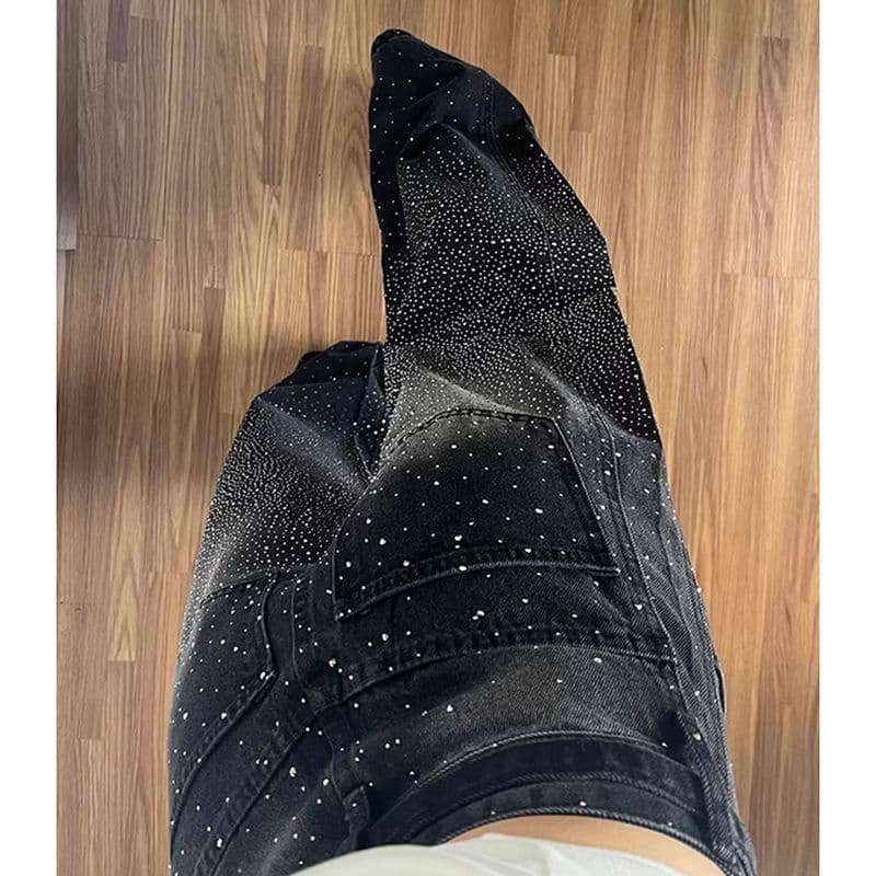 은하계 검정색 Gypsophila 핫픽스 넓은 다리 청바지 여성 2026 년 겨울 새로운 루즈핏 모통이 칼 바닥 청소 바지 이미지 3