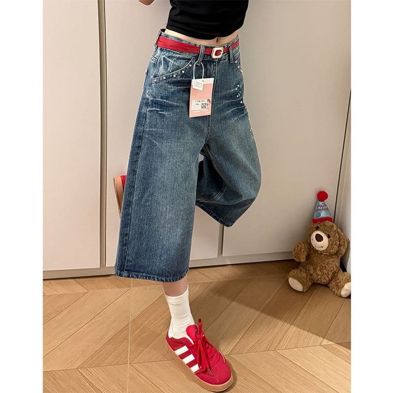 한국 스타일 ins 스트레이트 데님 7부 바지 여성 봄 여름 섹션 워싱 다용도 루즈핏 개성 넓은 다리 청바지 트렌디 이미지 2