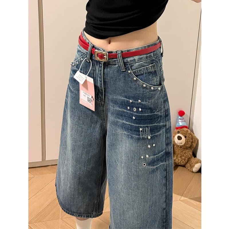 한국 스타일 ins 스트레이트 데님 7부 바지 여성 봄 여름 섹션 워싱 다용도 루즈핏 개성 넓은 다리 청바지 트렌디 이미지 5