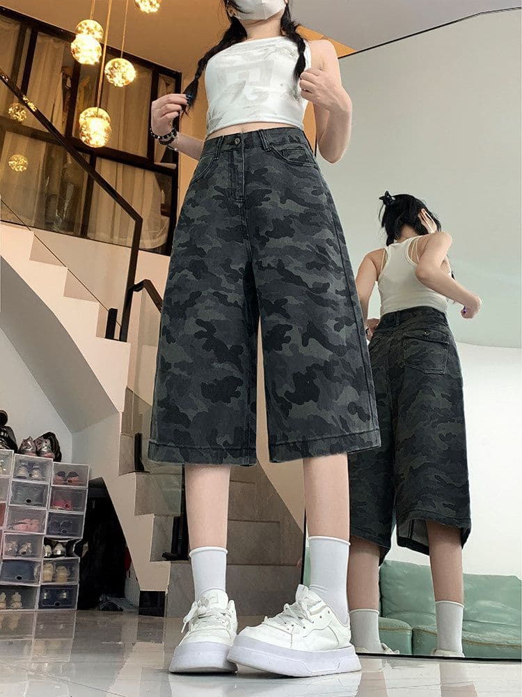 아메리칸 카모플라주 넓은 다리 데님 7부 바지 여성 봄 여름 새로운 하이웨이스트 캐주얼 슬림해 보이는 워크웨어 스트레이트 7부 바지 상세 이미지 6