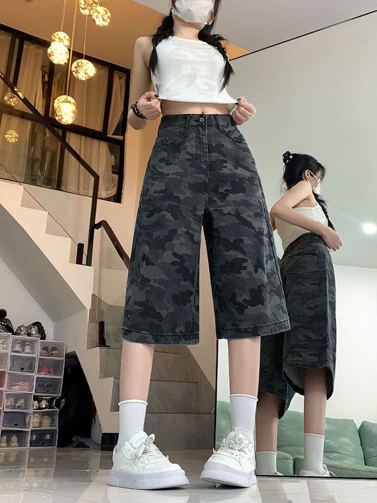 아메리칸 카모플라주 넓은 다리 데님 7부 바지 여성 봄 여름 새로운 하이웨이스트 캐주얼 슬림해 보이는 워크웨어 스트레이트 7부 바지 상세 이미지 9