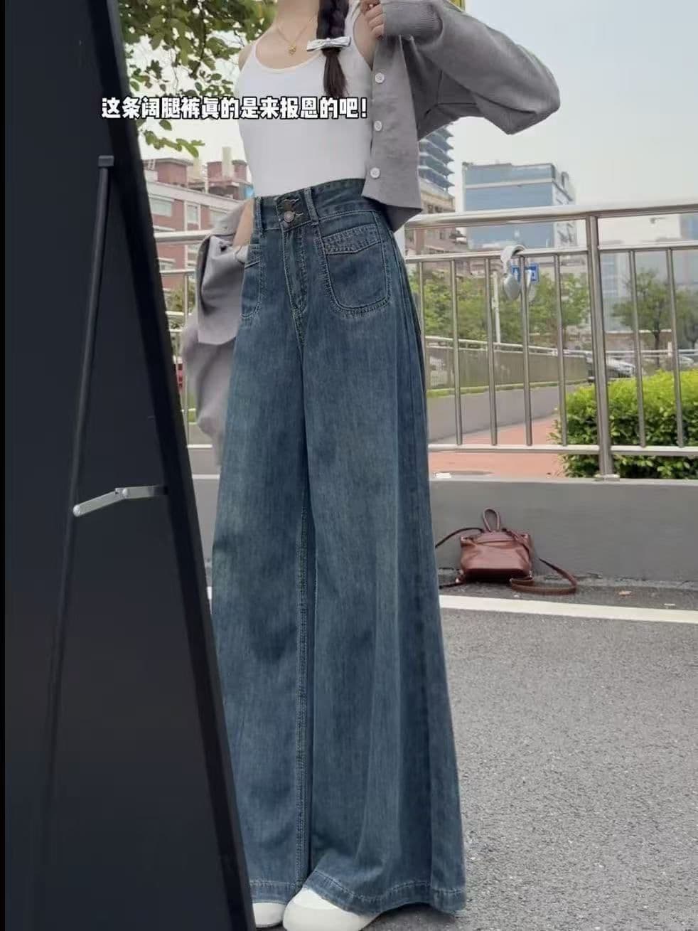 아메리칸 레트로 진한 파란색 도루 센스 넓은 다리 청바지 여성 가을 하이웨이스트 더블 버클 슬림해 보이는 루즈핏 부츠컷 범프 바지 이미지 2