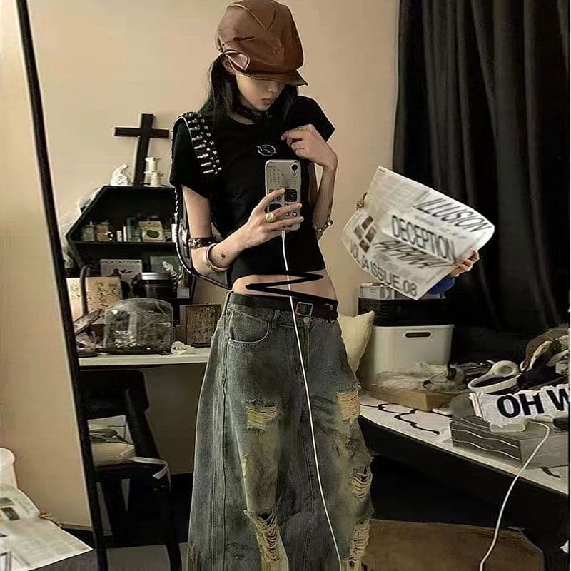 넓은 다리 청바지 여름 홀치기 염색 찢어진 부분 2026 새로운 여성 핫걸 작은 키 슬림해 보이는 다용도 바닥 청소 바지 이미지 2
