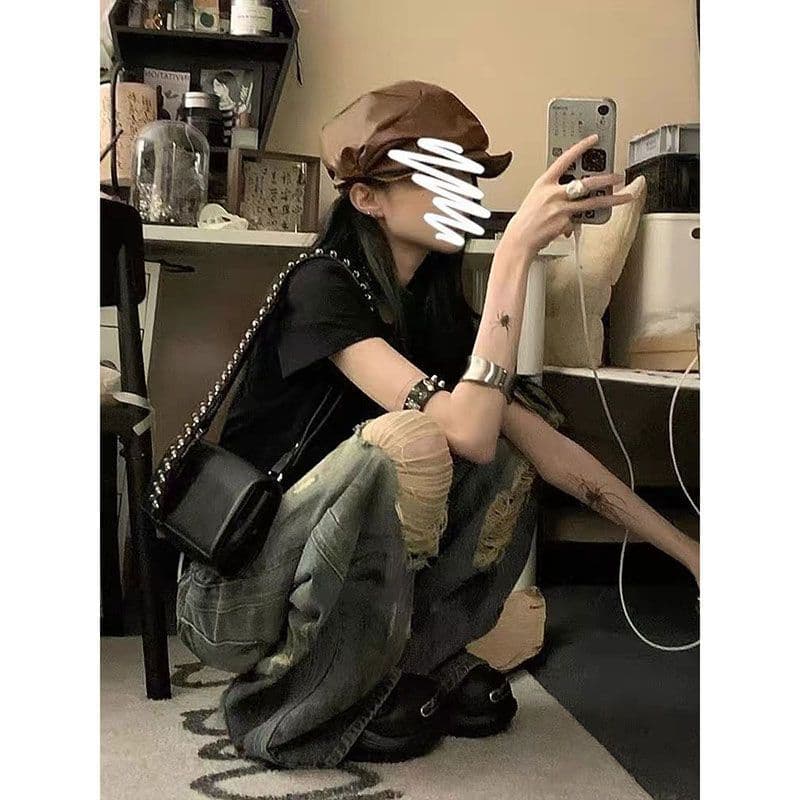 넓은 다리 청바지 여름 홀치기 염색 찢어진 부분 2026 새로운 여성 핫걸 작은 키 슬림해 보이는 다용도 바닥 청소 바지 이미지 4