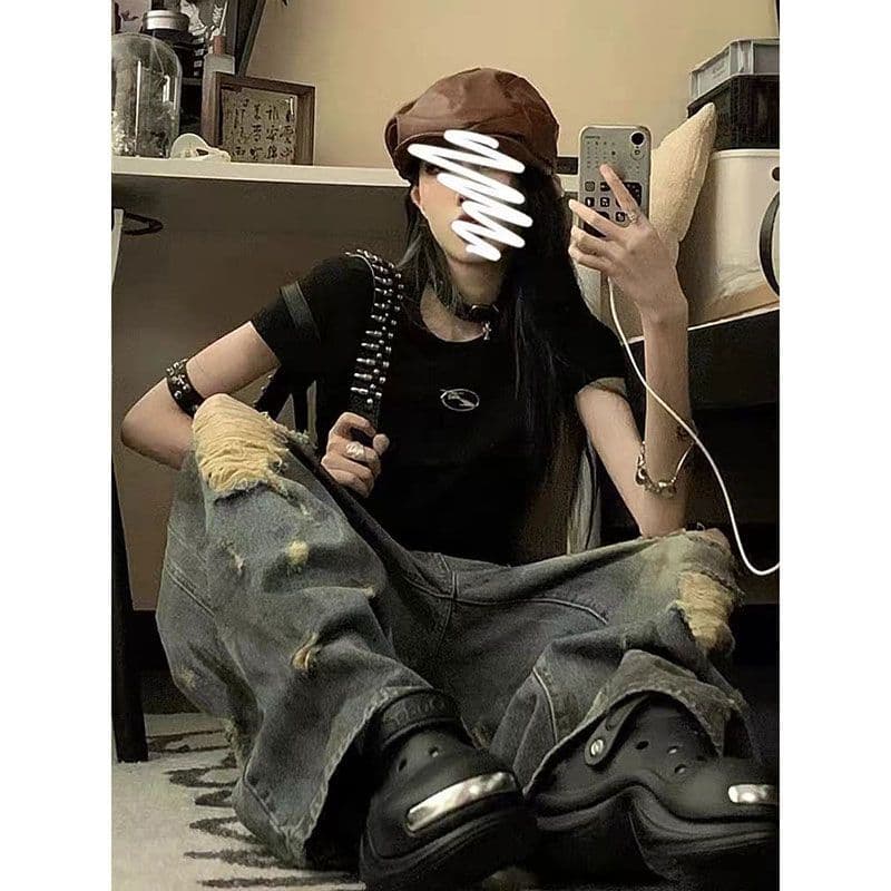 넓은 다리 청바지 여름 홀치기 염색 찢어진 부분 2026 새로운 여성 핫걸 작은 키 슬림해 보이는 다용도 바닥 청소 바지 이미지 3