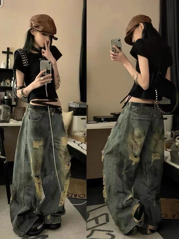 넓은 다리 청바지 여름 홀치기 염색 찢어진 부분 2026 새로운 여성 핫걸 작은 키 슬림해 보이는 다용도 바닥 청소 바지 상세 이미지 1