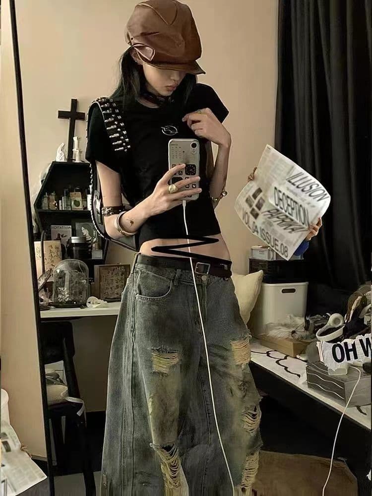 넓은 다리 청바지 여름 홀치기 염색 찢어진 부분 2026 새로운 여성 핫걸 작은 키 슬림해 보이는 다용도 바닥 청소 바지 상세 이미지 3