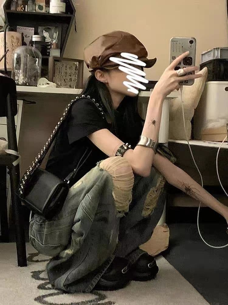 넓은 다리 청바지 여름 홀치기 염색 찢어진 부분 2026 새로운 여성 핫걸 작은 키 슬림해 보이는 다용도 바닥 청소 바지 상세 이미지 4