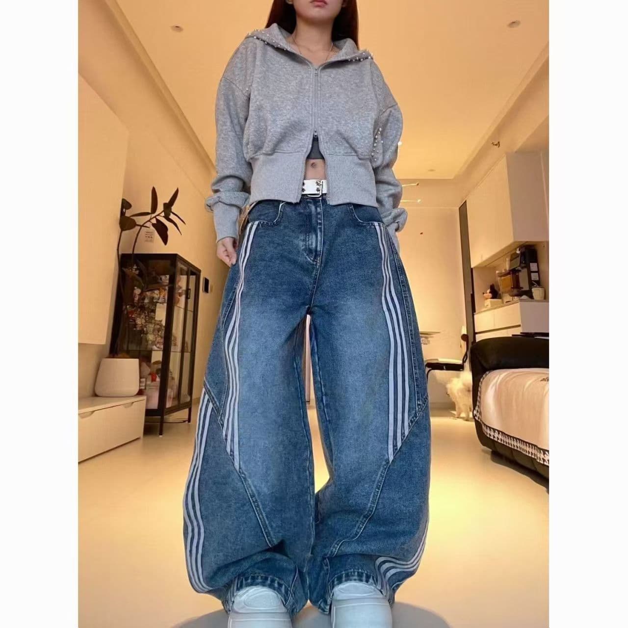 아메리칸 레트로 3개 바 해체 모통이 칼 청바지 남녀 봄 가을 패치워크 디자인 센스 낫 넓은 다리 길이 바지 상세 이미지 2