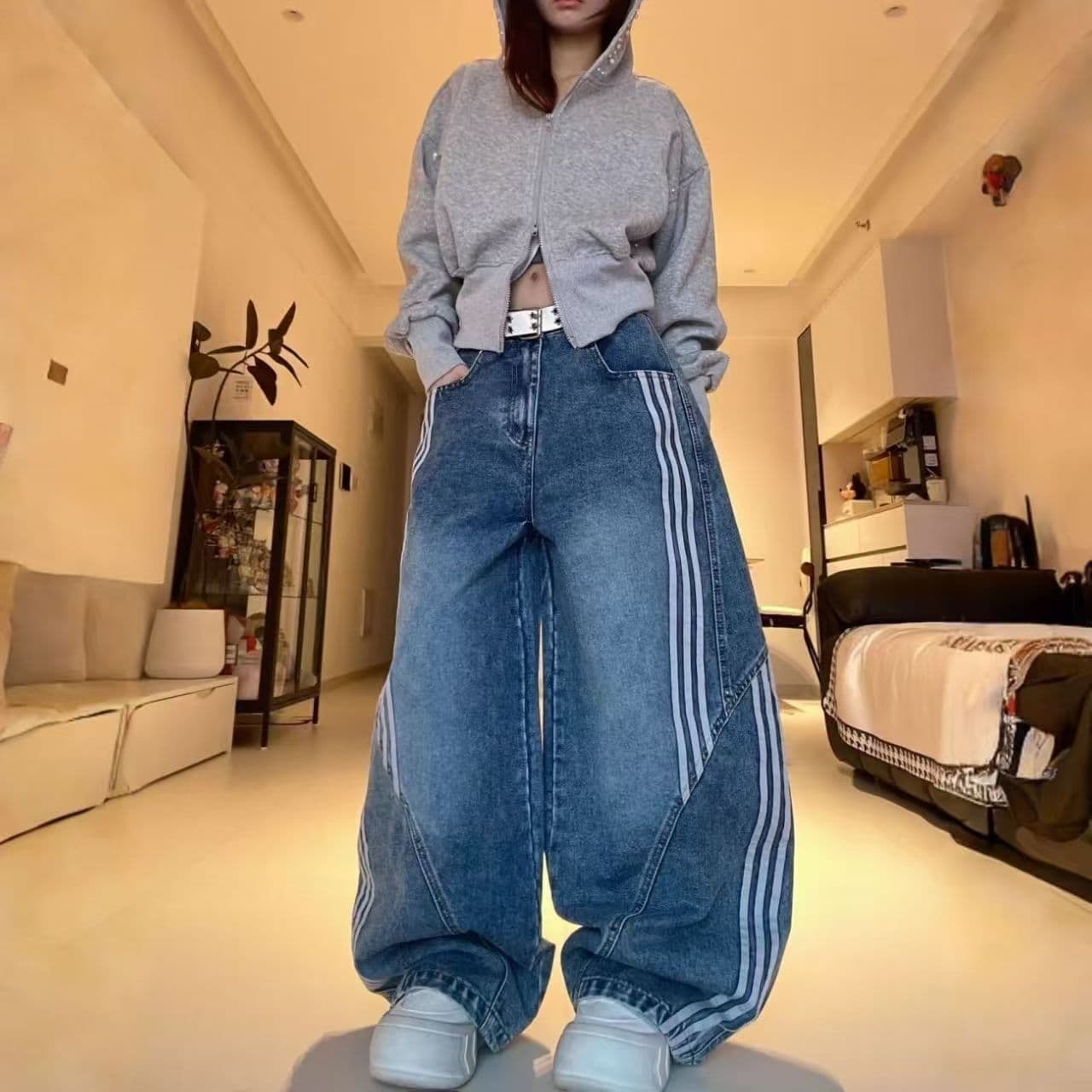 아메리칸 레트로 3개 바 해체 모통이 칼 청바지 남녀 봄 가을 패치워크 디자인 센스 낫 넓은 다리 길이 바지 상세 이미지 6