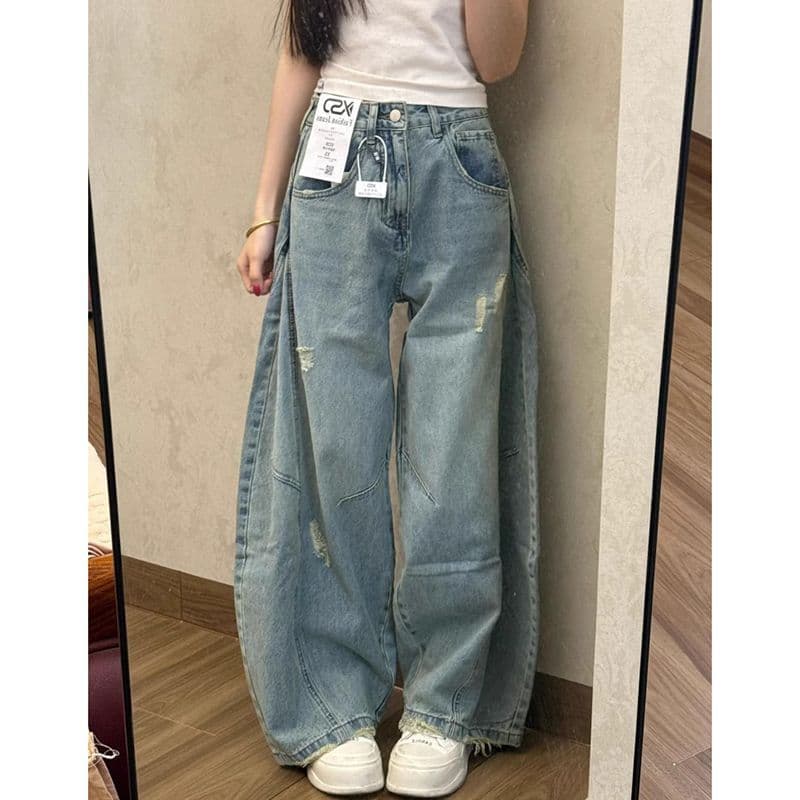 아메리칸 레트로 워싱 마 오래된 찢어진 모통이 칼 청바지 여성 디자인 센스 하이웨이스트 넓은 다리 도루 센스 바닥 청소 긴 바지 이미지 2