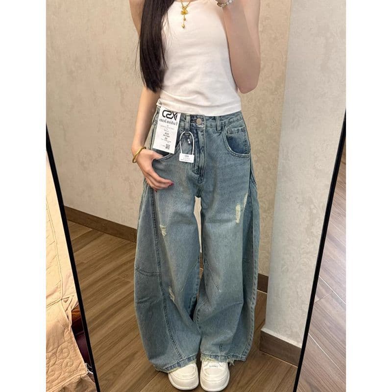 아메리칸 레트로 워싱 마 오래된 찢어진 모통이 칼 청바지 여성 디자인 센스 하이웨이스트 넓은 다리 도루 센스 바닥 청소 긴 바지 이미지 3
