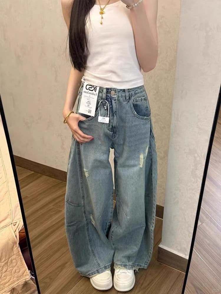 아메리칸 레트로 워싱 마 오래된 찢어진 모통이 칼 청바지 여성 디자인 센스 하이웨이스트 넓은 다리 도루 센스 바닥 청소 긴 바지 상세 이미지 2