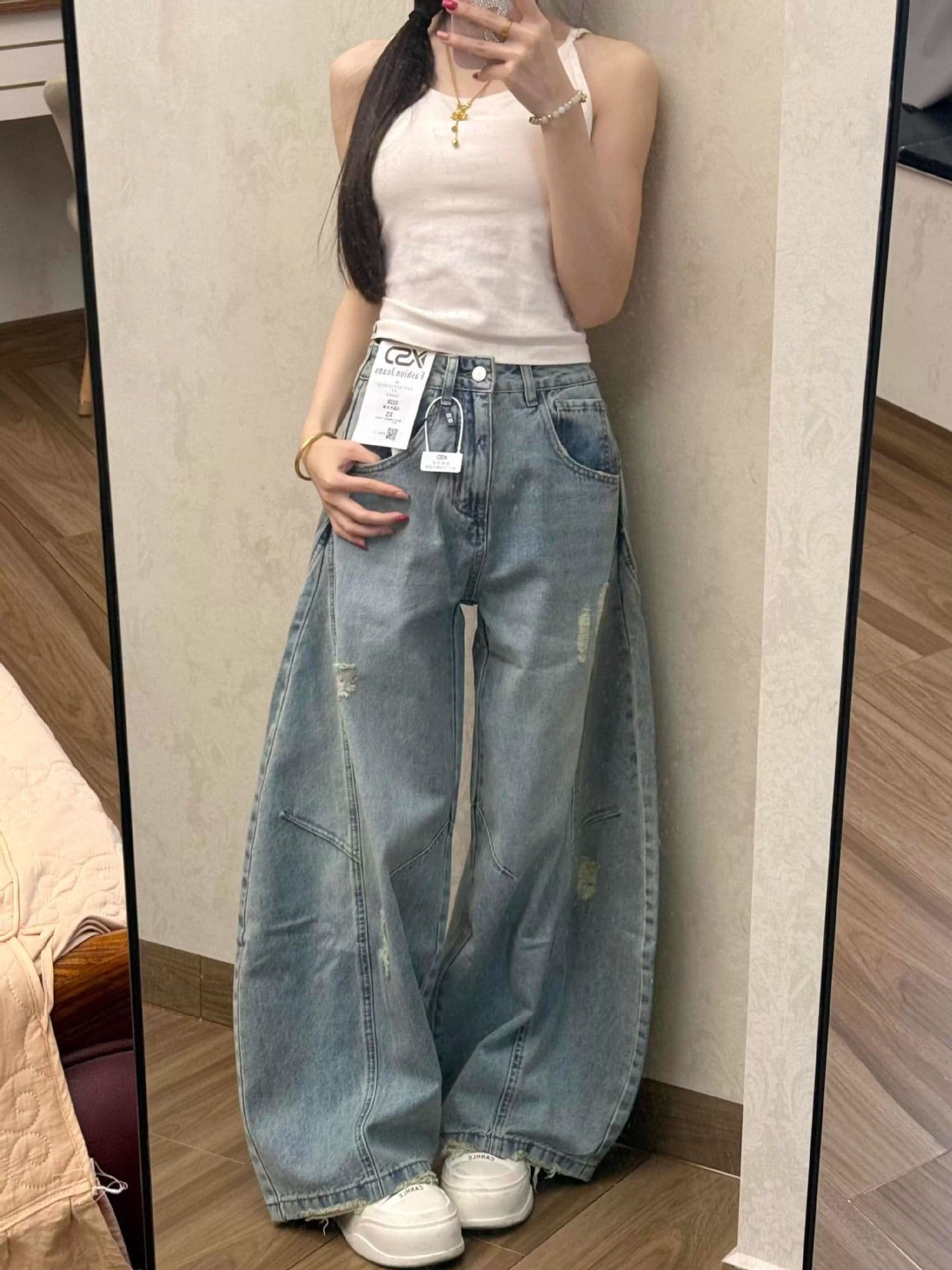 아메리칸 레트로 워싱 마 오래된 찢어진 모통이 칼 청바지 여성 디자인 센스 하이웨이스트 넓은 다리 도루 센스 바닥 청소 긴 바지 상세 이미지 3