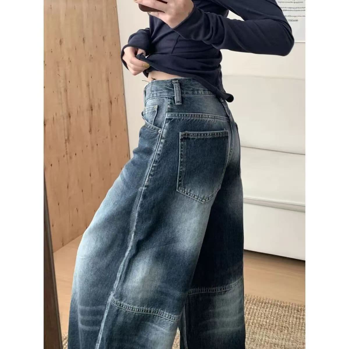 항구 바람 봄 가을 새로운 개성 알파벳 청바지 웃음 하 ins 트렌디 높음 거리 트렌드 악당 잘 생긴 바닥 청소 청바지 상세 이미지 4