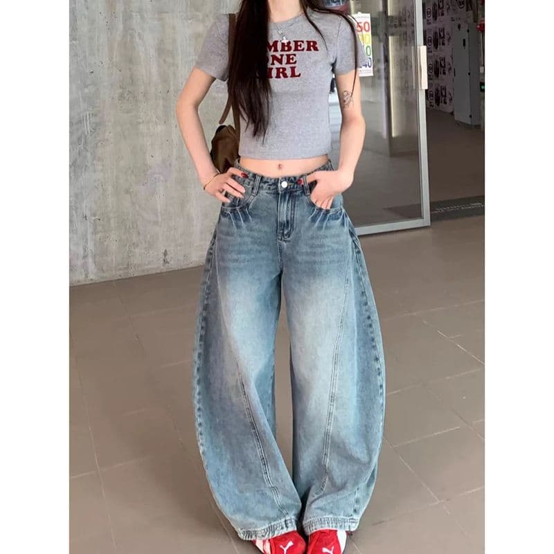 아메리칸 레트로 워싱 루즈핏 넓은 다리 높음 거리 디자인 센스 모통이 칼 청바지 남녀 작은 대중 캐주얼 낫 바지 이미지 2