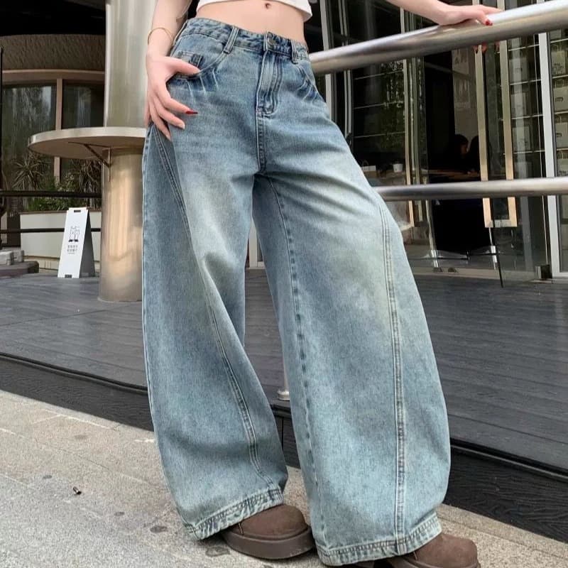 아메리칸 레트로 워싱 루즈핏 넓은 다리 높음 거리 디자인 센스 모통이 칼 청바지 남녀 작은 대중 캐주얼 낫 바지