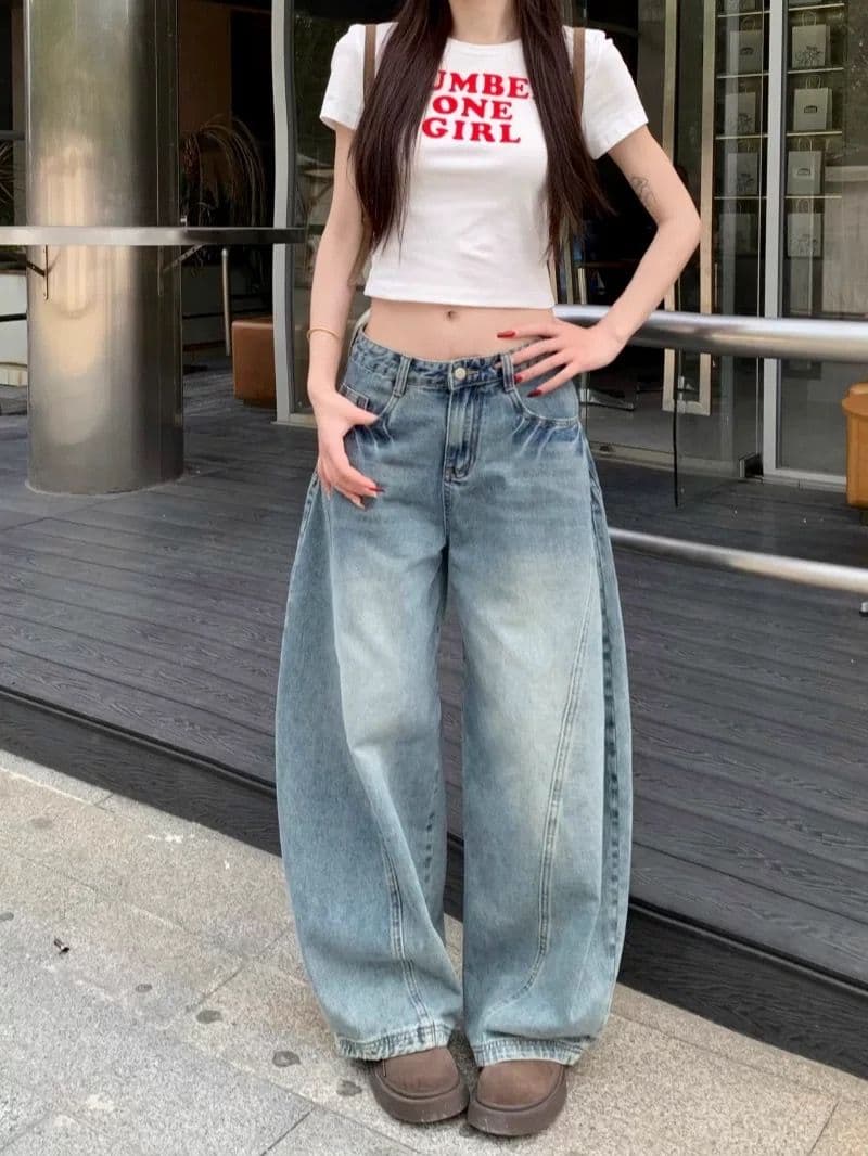 아메리칸 레트로 워싱 루즈핏 넓은 다리 높음 거리 디자인 센스 모통이 칼 청바지 남녀 작은 대중 캐주얼 낫 바지 상세 이미지 2
